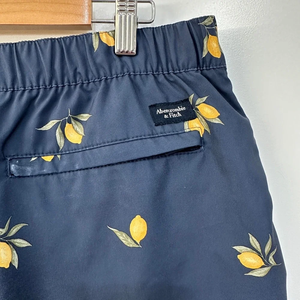 Abercrombie & Fitch Mens‎ Navy Lemon Print Swim Trunks Large Stretch Mesh Liner